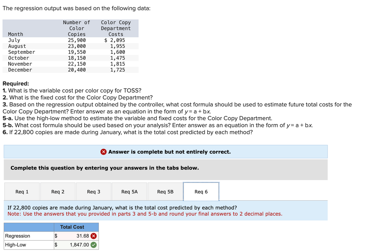 The regression output was based on the following data:
Color Copy
Number of
Color
Department
Costs
Copies
25,900
$ 2,095
Month
July
August
September
October
November
December
Required:
1. What is the variable cost per color copy for TOSS?
2. What is the fixed cost for the Color Copy Department?
3. Based on the regression output obtained by the controller, what cost formula should be used to estimate future total costs for the
Color Copy Department? Enter answer as an equation in the form of y= a + bx.
5-a. Use the high-low method to estimate the variable and fixed costs for the Color Copy Department.
Req 1
23,000
19,550
18,150
22,150
20,400
5-b. What cost formula should be used based on your analysis? Enter answer as an equation in the form of y= a + bx.
6. If 22,800 copies are made during January, what is the total cost predicted by each method?
Req 2
Regression
High-Low
Complete this question by entering your answers in the tabs below.
$
$
1,955
1,600
1,475
Req 3
Total Cost
1,815
1,725
31.68 X
1,847.00
X Answer is complete but not entirely correct.
If 22,800 copies are made during January, what is the total cost predicted by each method?
Note: Use the answers that you provided in parts 3 and 5-b and round your final answers to 2 decimal places.
Req 5A
Req 5B
Req 6