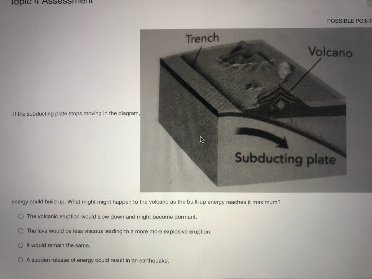 Topic 4 ASSESSITI
POSSIBLE POINT
Trench
Volcano
If the subducting plate stops moving in the diagram,
Subducting plate
energy could build up. What might might happen to the volcano as the built-up energy reaches it maximum?
O The volcanic eruption would slow down and might become dormant.
O The lava would be less viscous leading to a more more explosive eruption.
O It would remain the same.
O A sudden release of energy could result in an earthquake.
