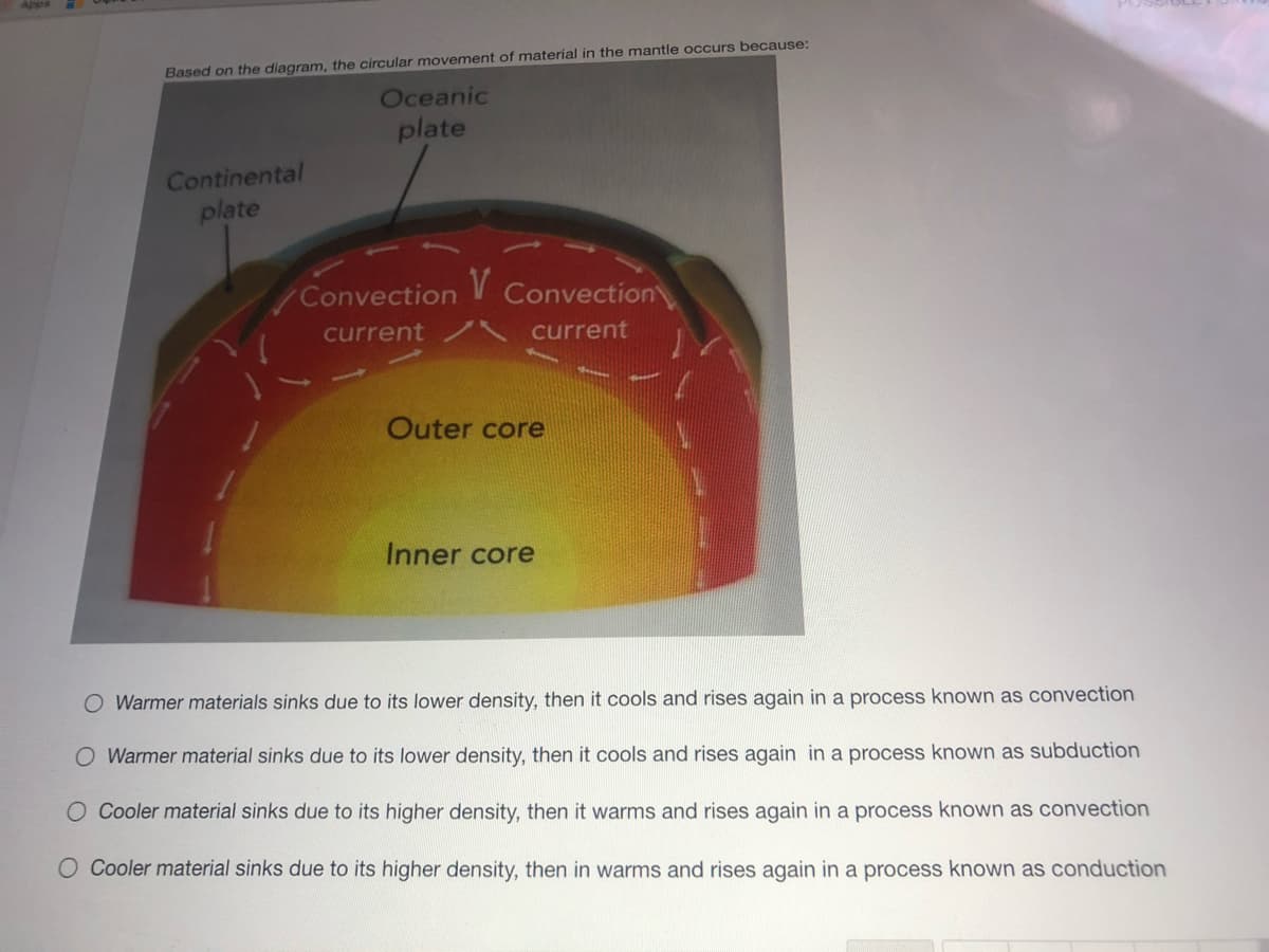 Based on the diagram, the circular movement of material in the mantle occurs because:
Oceanic
plate
Continental
plate
Convection
Convection
current / current
Outer core
Inner core
O Warmer materials sinks due to its lower density, then it cools and rises again in a process known as convection
O Warmer material sinks due to its lower density, then it cools and rises again in a process known as subduction
O Cooler material sinks due to its higher density, then it warms and rises again in a process known as convection
O Cooler material sinks due to its higher density, then in warms and rises again in a process known as conduction
