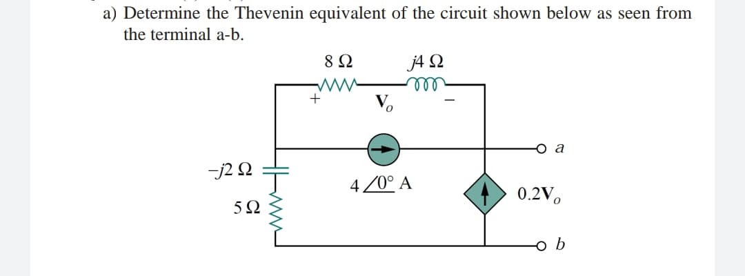 a) Determine the Thevenin equivalent of the circuit shown below as seen from
the terminal a-b.
8 Ω
j4 Q
+
оа
-j2 2
4 20° A
0.2V,
