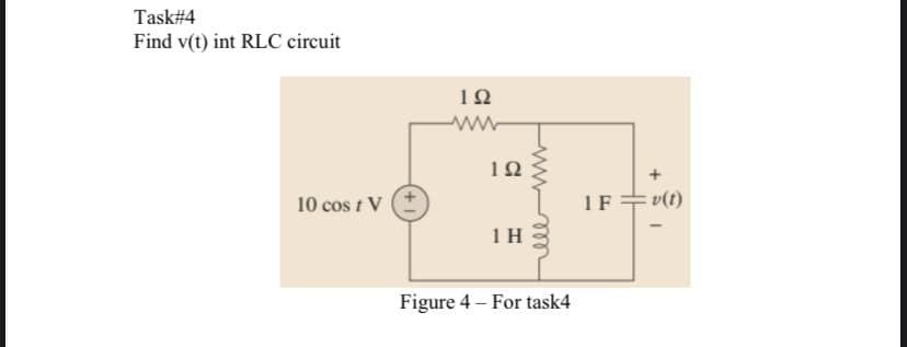 Task#4
Find v(t) int RLC circuit
10
10 cos t V
1F+v(t)
1 H
Figure 4 – For task4
+
