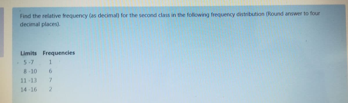 Find the relative frequency (as decimal) for the second class in the following frequency distribution (Round answer to four
decimal places).
Limits Frequencies
5-7
1.
8-10
6.
11-13
14-16 2
