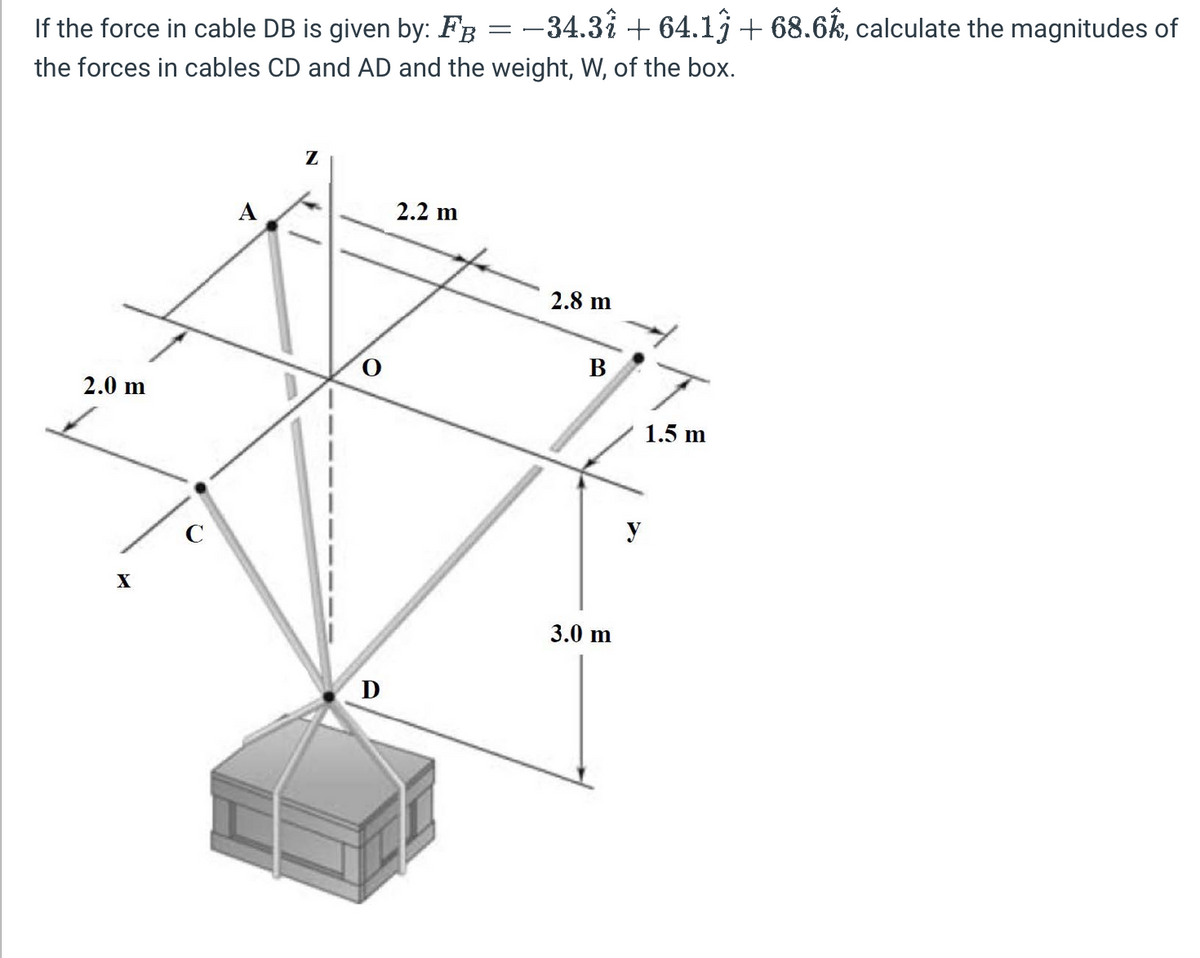 If the force in cable DB is given by: FB −34.37 +64.13 + 68.6k, calculate the magnitudes of
the forces in cables CD and AD and the weight, W, of the box.
2.0 m
X
C
Z
Ꭰ
2.2 m
=
2.8 m
B
3.0 m
y
1.5 m