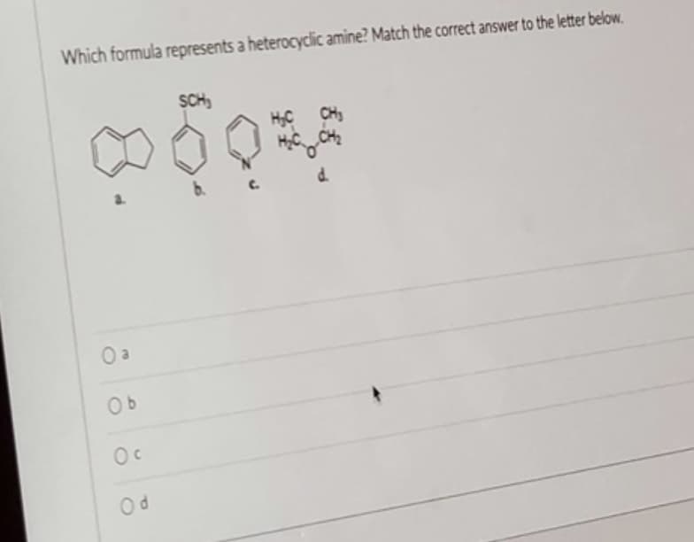 Which formula represents a heterocyclic amine? Match the correct answer to the letter below.
SCH
CH₂
ထ ၃
..
ဝဒ
O b
Od
H
d.