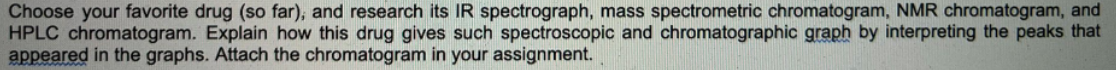 Choose your favorite drug (so far), and research its IR spectrograph, mass spectrometric chromatogram, NMR chromatogram, and
HPLC chromatogram. Explain how this drug gives such spectroscopic and chromatographic graph by interpreting the peaks that
appeared in the graphs. Attach the chromatogram in your assignment.