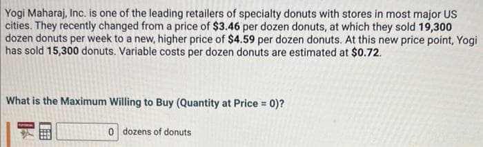 Yogi Maharaj, Inc. is one of the leading retailers of specialty donuts with stores in most major US
cities. They recently changed from a price of $3.46 per dozen donuts, at which they sold 19,300
dozen donuts per week to a new, higher price of $4.59 per dozen donuts. At this new price point, Yogi
has sold 15,300 donuts. Variable costs per dozen donuts are estimated at $0.72.
What is the Maximum Willing to Buy (Quantity at Price = 0)?
0 dozens of donuts