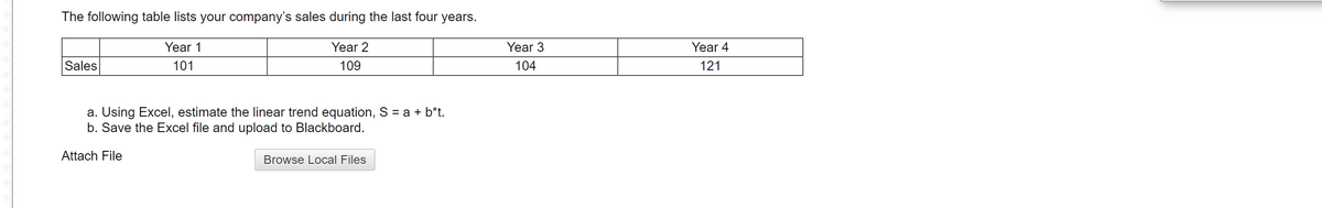 The following table lists your company's sales during the last four years.
Year 1
Year 2
Year 3
Year 4
Sales
101
109
104
121
a. Using Excel, estimate the linear trend equation, S = a + b*t.
b. Save the Excel file and upload to Blackboard.
Attach File
Browse Local Files
