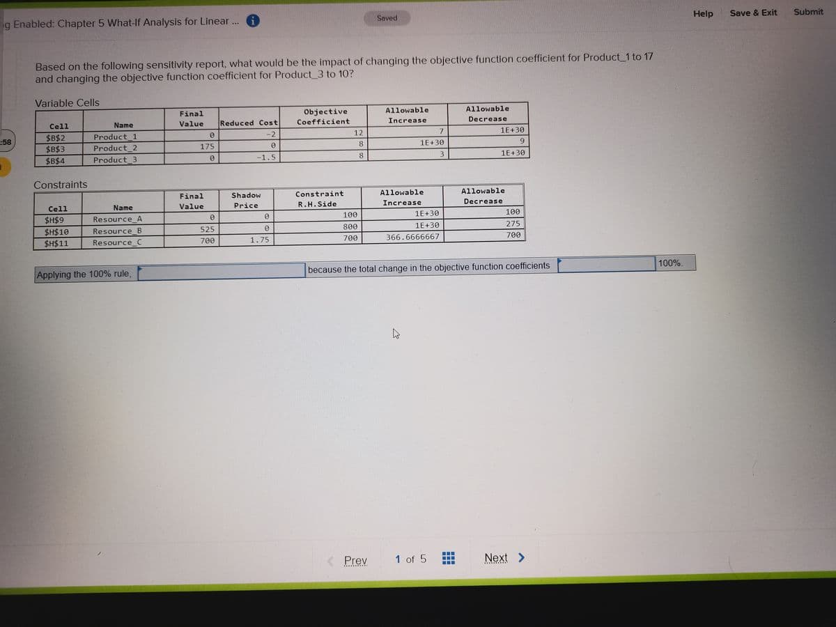 Help
Save & Exit
Submit
Saved
g Enabled: Chapter 5 What-If Analysis for Linear ... i
Based on the following sensitivity report, what would be the impact of changing the objective function coefficient for Product_1 to 17
and changing the objective function coefficient for Product_3 to 10?
Variable Cells
Final
Objective
Allowable
Allowable
Value
Reduced Cost
Coefficient
Increase
Decrease
Cell
Name
12
7.
1E+30
$B$2
Product 1
-2
:58
1E+30
Product 2
175
$B$3
$B$4
1E+30
-1.5
8
Product 3
Constraints
Allowable
Allowable
Final
Shadow
Constraint
R.H.Side
Increase
Decrease
Cell
Name
Value
Price
100
1E+30
100
$H$9
Resource A
800
1E+30
275
Resource B
525
$H$10
$H$11
700
366.6666667
700
Resource_C
700
1.75
100%.
because the total change in the objective function coefficients
Applying the 100% rule,
Prev
1 of 5
Next >
CO CO
