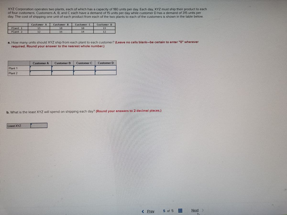 XYZ Corporation operates two plants, each of which has a capacity of 180 units per day. Each day, XYZ must ship their product to each
of four customers. Customers A, B, and C each have a demand of 15 units per day while customer D has a demand of 315 units per
day. The cost of shipping one unit of each product from each of the two plants to each of the customers is shown in the table below.
Customer A
Customer B
CustomerC
Customer D
Plant 1
15
18
10
19
Plant 2
12
16
14
12
a. How many units should XYZ ship from each plant to each customer? (Leave no cells blank-be certain to enter "0" wherever
required. Round your answer to the nearest whole number.)
Customer A
Customer B
Customer C
Customer D
Plant 1
Plant 2
b. What is the least XYZ will spend on shipping each day? (Round your answers to 2 decimal places.)
Least XYZ
< Prev
5 of 5
Next
