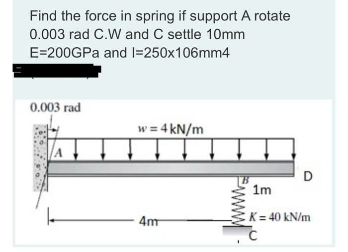 Find the force in spring if support A rotate
0.003 rad C.W and C settle 10mm
E=200GPA and I=250x106mm4
0.003 rad
w = 4 kN/m
/A
D
1m
4m
K= 40 kN/m
C
