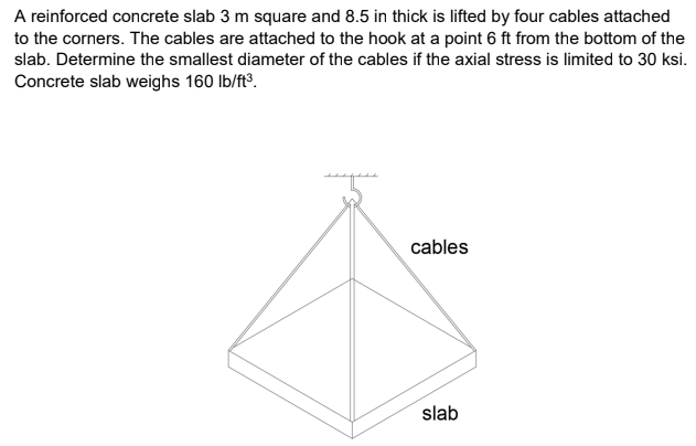 A reinforced concrete slab 3 m square and 8.5 in thick is lifted by four cables attached
to the corners. The cables are attached to the hook at a point 6 ft from the bottom of the
slab. Determine the smallest diameter of the cables if the axial stress is limited to 30 ksi.
Concrete slab weighs 160 lb/ft°.
cables
slab
