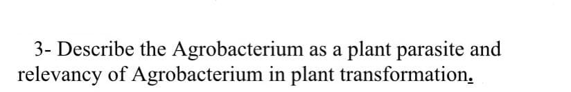 3- Describe the Agrobacterium
relevancy of Agrobacterium in plant transformation,
plant parasite and
as a
