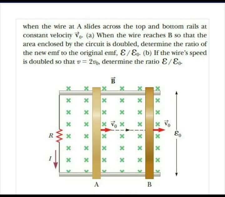 when the wire at A slides across the top and bottom rails at
constant velocity Vo. (a) When the wire reaches B so that the
area enclosed by the circuit is doubled, determine the ratio of
the new emf to the original emf, E/Eo. (b) If the wire's speed
is doubled so that v = 2vo, determine the ratio E/Eo-
R
x x
A
B
Xx x x x x x
X x x xi x
X x x
x x x x x x >
x x x x x x >
