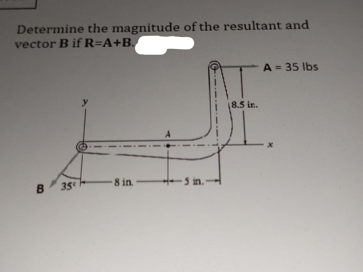 Determine the magnitude of the resultant and
vector B if R=A+B.
B
35€
8 in. -
S in.
(8.5 in.
A = 35 lbs