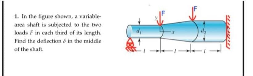 1. In the figure shown, a variable-
area shaft is subjected to the two
loads F in each third of its length.
Find the deflection & in the middle
of the shaft.
