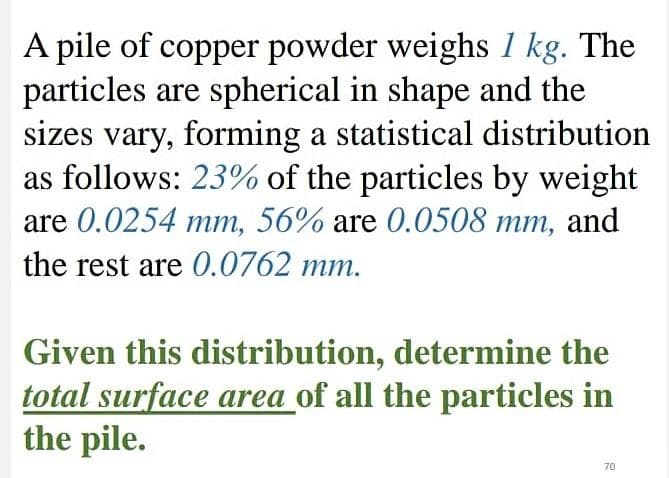 A pile of copper powder weighs 1 kg. The
particles are spherical in shape and the
sizes vary, forming a statistical distribution
as follows: 23% of the particles by weight
are 0.0254 mm, 56% are 0.0508 mm, and
the rest are 0.0762 mm.
Given this distribution, determine the
total surface area of all the particles in
the pile.
70
