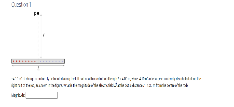 Question 1
pe
+4.10 nC of charge is uniformly distributed along the left half of a thin rod of total length L = 4.00 m, while-4.10 nC of charge is uniformly distributed along the
right half of the rod, as shown in the figure. What is the magnitude of the electric field E at the dot, a distance r= 1.30 m from the centre of the rod?
Magnitude:
