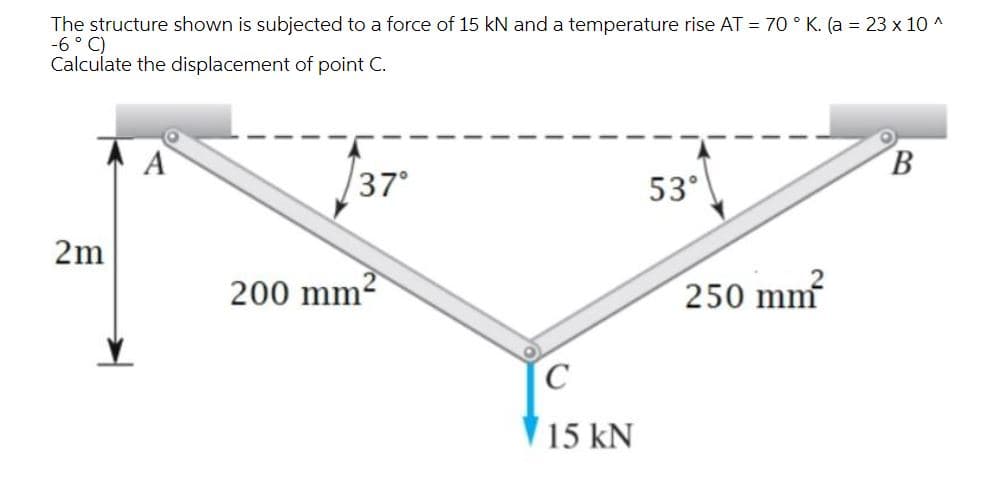 The structure shown is subjected to a force of 15 kN and a temperature rise AT = 70 ° K. (a = 23 x 10 ^
-6° C)
Calculate the displacement of point C.
A
B.
37°
53°
2m
200 mm
250 mm
15 kN
