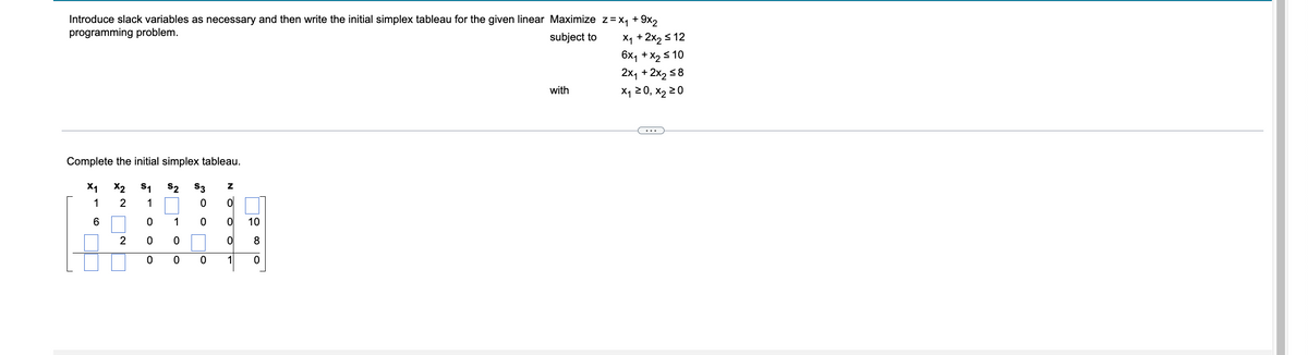 ### Linear Programming and the Simplex Method

To solve the given linear programming problem using the Simplex Method, we first need to introduce slack variables to convert the inequalities into equalities and construct the initial simplex tableau. 

**Problem Statement:**
Maximize \( z = x_1 + 9x_2 \)

**Subject To:**
\[
\begin{aligned}
x_1 + 2x_2 & \leq 12 \\
6x_1 + x_2 & \leq 10 \\
2x_1 + 2x_2 & \leq 8 \\
\end{aligned}
\]

**Non-negativity Constraints:**
\[
x_1 \geq 0,\ x_2 \geq 0
\]

#### Step 1: Introduce Slack Variables
Introduce slack variables \( s_1 \), \( s_2 \), and \( s_3 \) to convert the inequalities to equalities. The problem now transforms to:

\[
\begin{aligned}
x_1 + 2x_2 + s_1 & = 12 \\
6x_1 + x_2 + s_2 & = 10 \\
2x_1 + 2x_2 + s_3 & = 8 \\
\end{aligned}
\]

#### Step 2: Construct the Initial Simplex Tableau
The initial simplex tableau can be constructed as follows:

**Table:**
\[
\begin{array}{c|cccccc}
 & x_1 & x_2 & s_1 & s_2 & s_3 & z \\
\hline
\text{Basic Variable} & & & & & & \\
s_1 & 1 & 2 & 1 & 0 & 0 & 12 \\
s_2 & 6 & 1 & 0 & 1 & 0 & 10 \\
s_3 & 2 & 2 & 0 & 0 & 1 & 8 \\
\hline
z & -1 & -9 & 0 & 0 & 0 & 0 \\
\end{array}
\]

### Detailed Explanation of the Initial Simplex Tableau Components
- **Row Labels:** "Basic Variable" indicates the current basic variables in the system.
- **Columns \(x_1\)