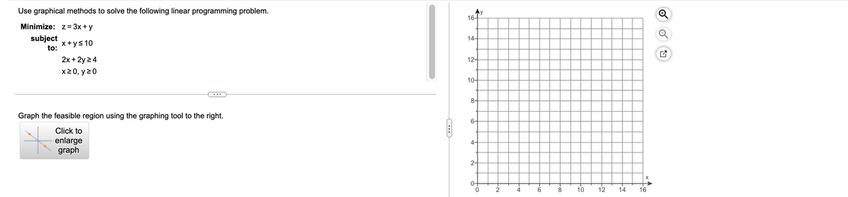 ## Linear Programming Problem: Graphical Method

### Problem Statement

Use graphical methods to solve the following linear programming problem.

**Minimize:** \( z = 3x + y \)

**Subject to:**
1. \( x + y \leq 10 \)
2. \( 2x + 2y \geq 4 \)
3. \( x \geq 0 \), \( y \geq 0 \)

---

### Instructions 

**Graph the feasible region using the graphing tool to the right.**

Click on the "Click to enlarge graph" button to use the graphing tool.

### Explanation of Graph

The graph on the right is a Cartesian plane marked with grid lines for detailed plotting. It ranges from 0 to 16 on both the X and Y axes.

**Steps to Graph the Feasible Region:**

1. **Plot the inequality \( x + y \leq 10 \):**
   - Convert the inequality to the equation \( x + y = 10 \).
   - Plot the line by finding two points. For example, when \( x = 0 \), \( y = 10 \) and when \( y = 0 \), \( x = 10 \).
   - Shade the region below the line since \( x + y \leq 10 \).

2. **Plot the inequality \( 2x + 2y \geq 4 \):**
   - Convert the inequality to the equation \( 2x + 2y = 4 \).
   - Simplify it to \( x + y = 2 \) and plot the line by finding two points. For example, when \( x = 0 \), \( y = 2 \) and when \( y = 0 \), \( x = 2 \).
   - Shade the region above the line since \( x + y \geq 2 \).

3. **Plot the non-negativity constraints \( x \geq 0 \) and \( y \geq 0 \).**
   - These constraints indicate the region in the first quadrant (right and above the origin).

4. **Identify the feasible region:**
   - The feasible region is the area where all the shaded regions overlap. This is where all the constraints are satisfied simultaneously.

After plotting, you will see that the feasible region is formed by the intersection of these half-planes. The