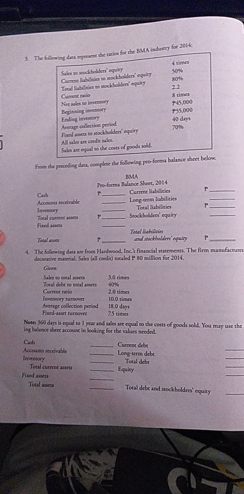1he loilowing data represent the ratios for the BMA industry for 2014:
4 times
Sales to stockholders' equiry
Current liabilitics to stockholders' equiry
Total liabilities to stockholders equity
Current ratio
Net sales to inventory
50%
80%
2.2
8 times
P45,000
P55,000
40 days
Beginning inventory
Ending inventory
Average collection period
Fied assets to stockholders' equity
All sales are credit sales.
70%
Sales are equal to the costs of goods sold.
From the preceding data, complete the following pro-forma balance sheet below.
BMA
Pro-forma Balance Sheet, 2014
Current liabilities
Cash
Accounts receivable
Inventory
Long-term liabilities
Total liabilities
Stockholders' equity
Total current assets
Fixed assets
Total liabilities
and stockholders'equity
Total assets
4. The following data are from Hardwood, Inc.'s financial statements. The firm manufactures
decorative material. Sales (all credit) totaled P 80 million for 2014.
Given:
Sales to total assets
3.0 times
40%
Total debt to total assets
Current ratio
2.0 times
Inventory turnover
Average collection period
Fixed-asset turnover
10.0 times
18.0 days
7.5 times
Note: 360 days is equal to 1 year and sales are equal to the costs of goods sold. You may use the
ing balance sheet account in looking for the values needed.
Cash
Current debt
Accounts receivable
Inventory
Total current assets
Long-term debt
Total debt
Equity
Fixed assets
Total assets
Total debr and stockholders' equity
