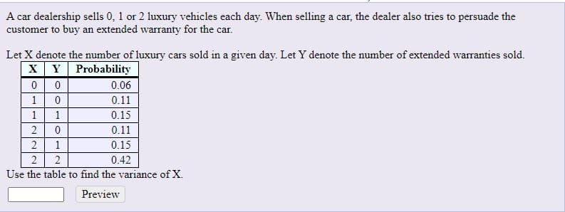 A car dealership sells 0, 1 or 2 luxury vehicles each day. When selling a car, the dealer also tries to persuade the
customer to buy an extended warranty for the car.
Let X denote the number of luxury cars sold in a given day. Let Y denote the number of extended warranties sold.
XY Probability
0 0
0.06
1
0.11
1
1
0.15
0.11
2
0.15
2
0.42
Use the table to find the variance of X.
Preview
