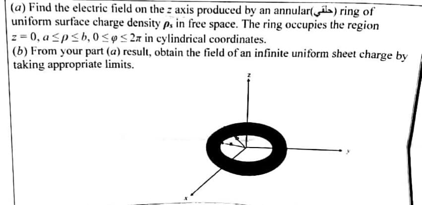 (a) Find the electric field on the z axis produced by an annular() ring of
uniform surface charge density p, in free space. The ring occupies the region
z=0, a ≤p≤ b, 0≤ ≤27 in cylindrical coordinates.
(b) From your part (a) result, obtain the field of an infinite uniform sheet charge by
taking appropriate limits.