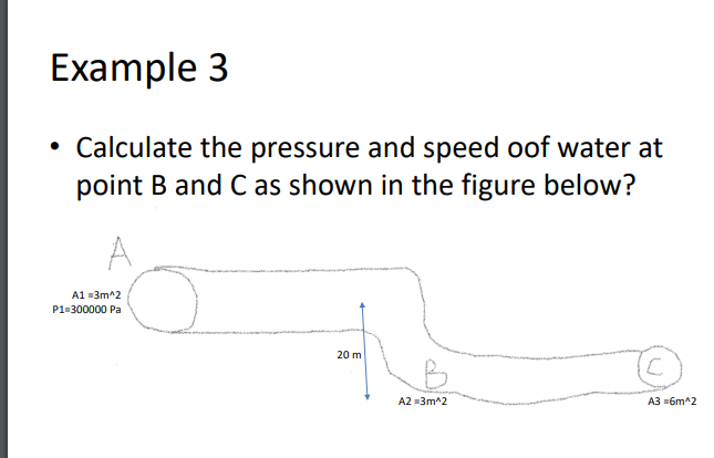 Example 3
• Calculate the pressure and speed oof water at
point B and C as shown in the figure below?
A1 =3m^2
P1=300000 Pa
20 m
A2 =3m^2
A3 =6m^2
