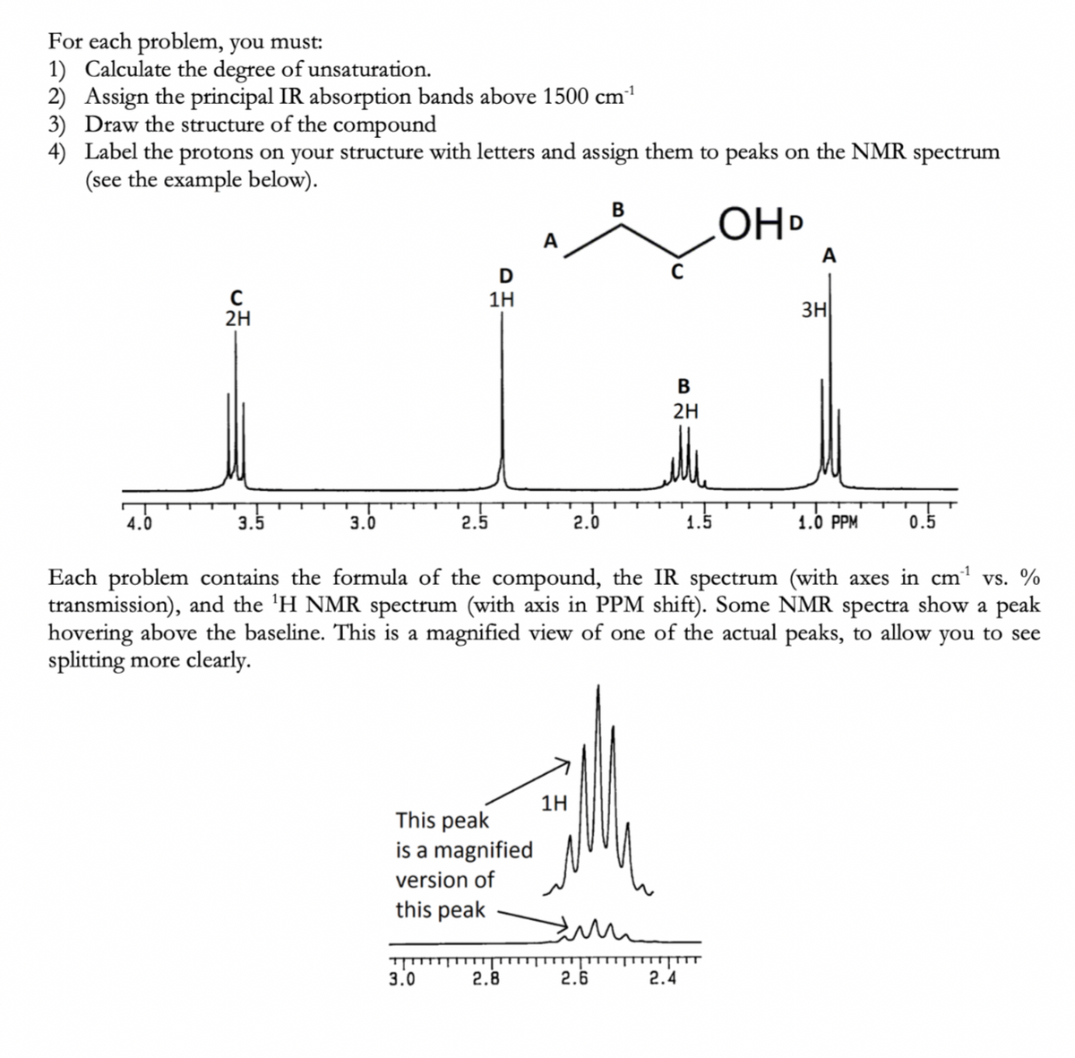 For each problem, you must:
1) Calculate the degree of unsaturation.
-1
2) Assign the principal IR absorption bands above 1500 cm
3) Draw the structure of the compound
4) Label the protons on your structure with letters and assign them to peaks on the NMR spectrum
(see the example below).
4.0
C
2H
3.5
3.0
2.5
D
1H
3.0
This peak
is a magnified
version of
this peak
A
2.8
2.0
1H
B
zum
2.6
B
2H
Each problem contains the formula of the compound, the IR spectrum (with axes in cm³¹ vs. %
transmission), and the ¹H NMR spectrum (with axis in PPM shift). Some NMR spectra show a peak
hovering above the baseline. This is a magnified view of one of the actual peaks, to allow you to see
splitting more clearly.
1.5
2.4
OHD
A
3H
1.0 PPM
0.5