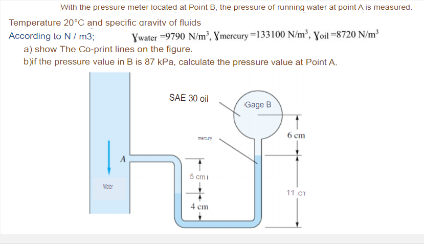 With the pressure meter located at Point B, the pressure of running water at point A is measured.
Temperature 20°C and specific gravity of fluids
According to N / m3;
Ywater =9790 N/m³, Ymercury=133100 N/m³, Yoil =8720 N/m³
a) show The Co-print lines on the figure.
b)if the pressure value in B is 87 kPa, calculate the pressure value at Point A.
SAE 30 oil
Gage B
6 ст
mercury
5 cmi
Water
11 ст
4 cm
