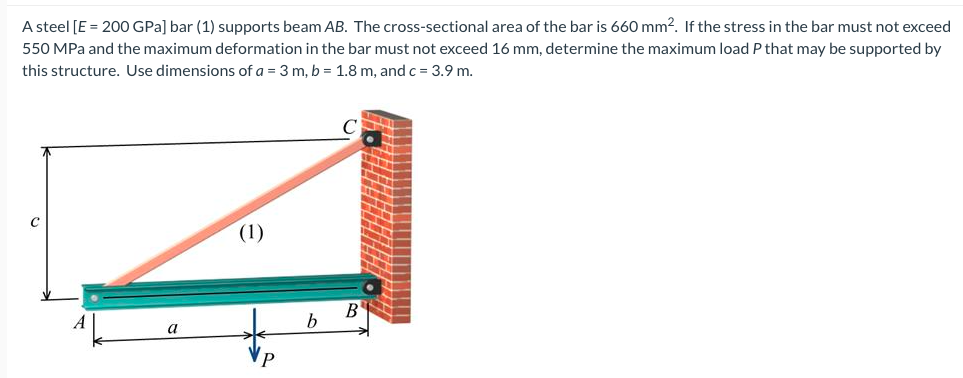 A steel [E = 200 GPa] bar (1) supports beam AB. The cross-sectional area of the bar is 660 mm2. If the stress in the bar must not exceed
550 MPa and the maximum deformation in the bar must not exceed 16 mm, determine the maximum load P that may be supported by
this structure. Use dimensions of a = 3 m, b = 1.8 m, and c = 3.9 m.
(1)
B'
A
