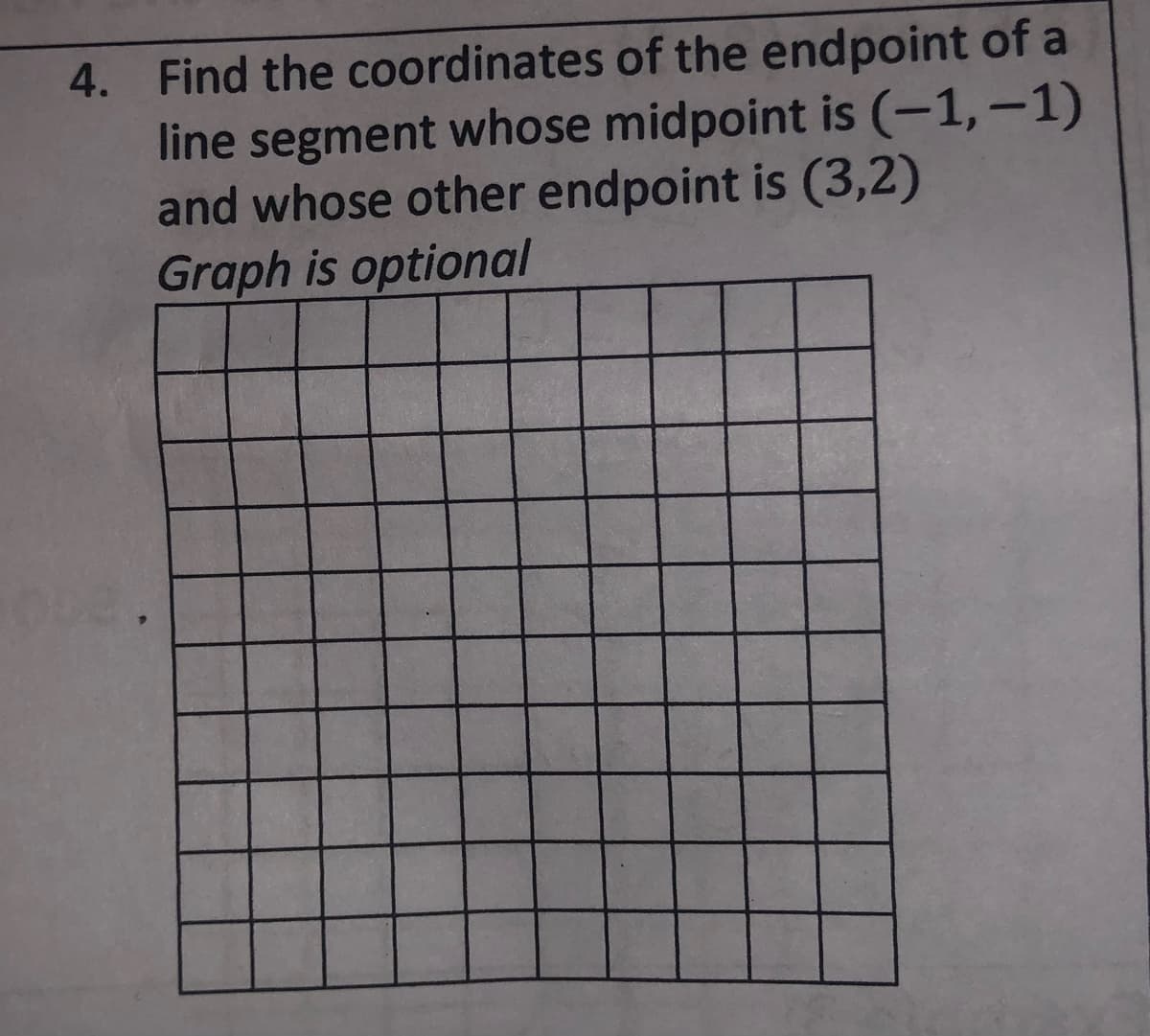 4. Find the coordinates of the endpoint of a
line segment whose midpoint is (-1,-1)
and whose other endpoint is (3,2)
Graph is optional
