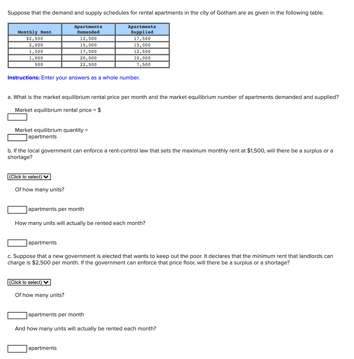 Suppose that the demand and supply schedules for rental apartments in the city of Gotham are as given in the following table.
Apartments
Apartments
Monthly Rent
$2,500
Demanded
Supplied
12,500
17,500
2,000
15,000
15,000
1,500
17,500
12,500
1,000
20,000
10,000
500
22,500
7,500
Instructions: Enter your answers as a whole number.
a. What is the market equilibrium rental price per month and the market equilibrium number of apartments demanded and supplied?
Market equilibrium rental price = $
Market equilibrium quantity =
apartments
b. If the local government can enforce a rent-control law that sets the maximum monthly rent at $1,500, will there be a surplus or a
shortage?
|(Click to select) V
Of how many units?
apartments per month
How many units will actually be rented each month?
apartments
c. Suppose that a new government is elected that wants to keep out the poor. It declares that the minimum rent that landlords can
charge is $2,500 per month. If the government can enforce that price floor, will there be a surplus or a shortage?
|(Click to select) ♥
Of how many units?
apartments per month
And how many units will actually be rented each month?
apartments
