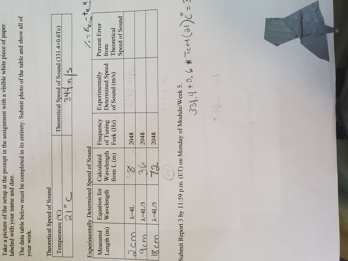 Take a picture of the setup at the prompt in the assignment with a visible white piece of paper
labeled with your name and date.
The data table below must be completed in its entirety. Submit photo of the table and show all of
your work.
Theoretical Speed of Sound
Temperature (°C)
Theoretical Speed of Sound (331.4+0.6Tc)
sto
दhe
つ。1と
Experimentally Determined Speed of Sound
te
gーン
Measured
Equation for Calculated.
Frequency
Length (m) Wavelength Wavelength of Tuning
Fork (Hz)
Experimentally
Determined Speed from
of Sound (m/s)
Percent Error
from L (m)
Theoretical
Speed of Sound
2cm
2=4L/3
2=4L
2048
36
72
2048
2=4L/5
2048
Submit Report 3 by 11:59 p.m. (ET) on Monday of Module/Week 5.
331.4+0.6 * TcM(ai)C = 3
246
