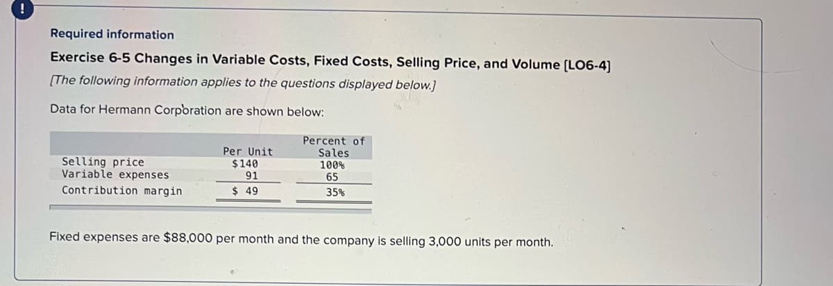 Required information
Exercise 6-5 Changes in Variable Costs, Fixed Costs, Selling Price, and Volume (LO6-4]
[The following information applies to the questions displayed below.]
Data for Hermann Corporation are shown below:
Percent of
Sales
100%
65
Per Unit
Selling price
Variable expenses
$140
91
Contribution margin
$ 49
35%
Fixed expenses are $88,000 per month and the company is selling 3,000 units per month.
