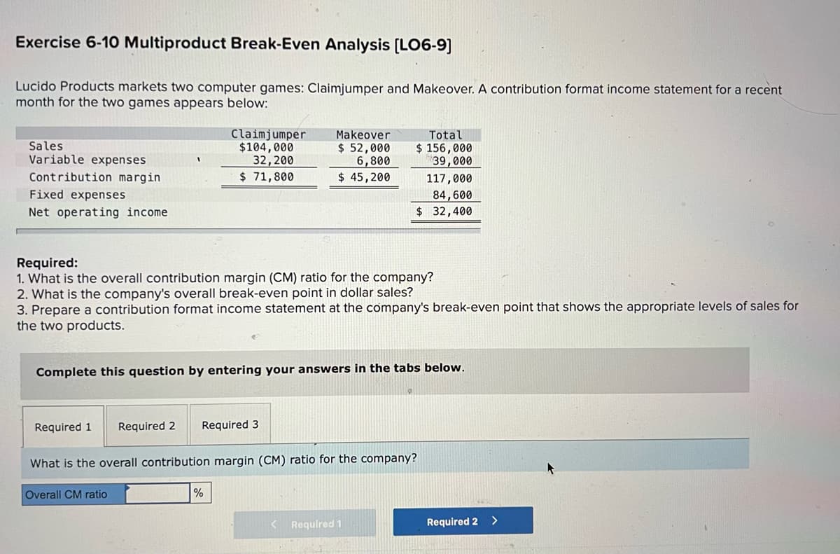 Exercise 6-10 Multiproduct Break-Even Analysis [LO6-9]
Lucido Products markets two computer games: Claimjumper and Makeover. A contribution format income statement for a recent
month for the two games appears below:
Claimjumper
$104,000
32,200
$ 71,800
Makeover
Sales
Variable expenses
$ 52,000
6,800
$ 45,200
Total
$ 156,000
39,000
Contribution margin
117,000
Fixed expenses
84,600
$ 32,400
Net operating income
Required:
1. What is the overall contribution margin (CM) ratio for the company?
2. What is the company's overall break-even point in dollar sales?
3. Prepare a contribution format income statement at the company's break-even point that shows the appropriate levels of sales for
the two products.
Complete this question by entering your answers in the tabs below.
Required 1
Required 2
Required 3
What is the overall contribution margin (CM) ratio for the company?
Overall CM ratio
Required 1
Required 2
>
