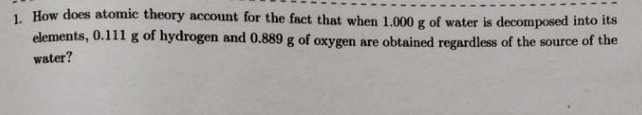 1 How does atomic theory account for the fact that when 1.000 g of water is decomposed into its
elements, 0.111 g of hydrogen and 0.889 g of oxygen are obtained regardless of the source of the
water?
