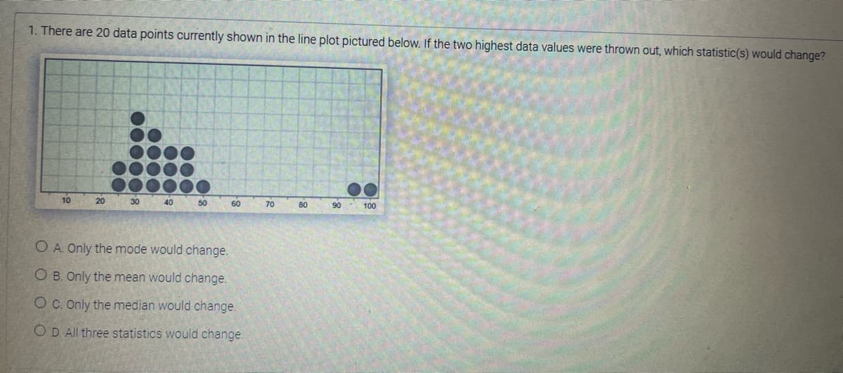 1. There are 20 data points currently shown in the line plot pictured below. If the two highest data values were thrown out, which statistic(s) would change?
10
20
30
40
50
60
O A. Only the mode would change.
OB. Only the mean would change.
O C. Only the median would change.
O D. All three statistics would change.
70
80
90
100