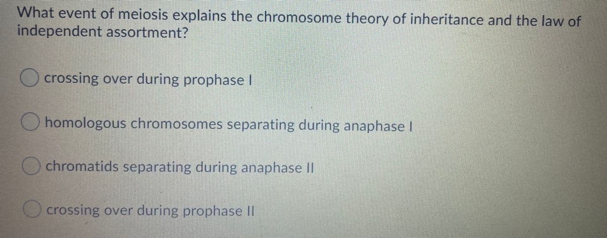 What event of meiosis explains the chromosome theory of inheritance and the law of
independent assortment?
O crossing over during prophase I
homologous chromosomes separating during anaphase I
chromatids separating during anaphase II
O crossing over during prophase II
