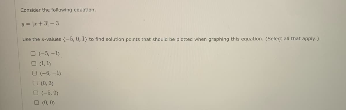 Consider the following equation.
y = |r+ 3|- 3
Use the x-values {-5, 0, 1} to find solution points that should be plotted when graphing this equation. (Select all that apply.)
O (-5, -1)
O (1, 1)
O (-6,-1)
O (0, 3)
O (-5, 0)
O (0, 0)
