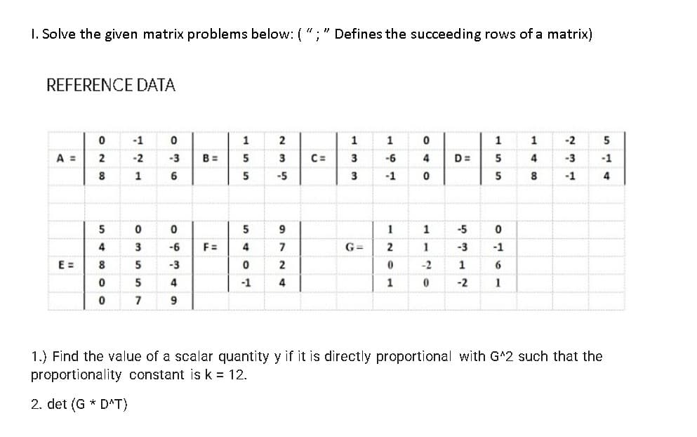 I. Solve the given matrix problems below: ( "; " Defines the succeeding rows of a matrix)
REFERENCE DATA
-1
1
1
1
1
1
-2
5
A =
2
-2
-3
B =
5
3
C=
3
-6
4
D=
5
-3
-1
8
1
6
-5
-1
5
8
-1
4
5
5
9
1
1
-5
4
3
-6
F=
4
7
G=
2
1
-3
-1
E =
-3
-2
1
6
4
-1
-2
1
7
1.) Find the value of a scalar quantity y if it is directly proportional with G^2 such that the
proportionality constant isk = 12.
2. det (G * DAT)
