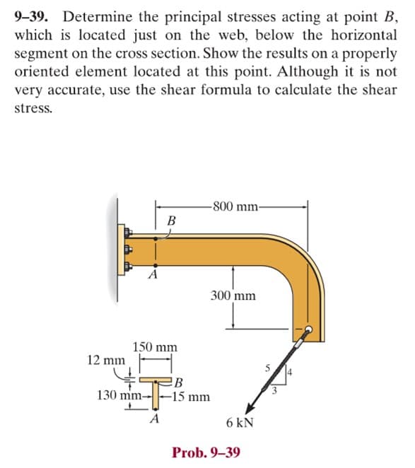 9-39. Determine the principal stresses acting at point B,
which is located just on the web, below the horizontal
segment on the cross section. Show the results on a properly
oriented element located at this point. Although it is not
very accurate, use the shear formula to calculate the shear
stress.
12 mm
A
150 mm
130 mm-
B
A
-800 mm-
300 mm
B
-15 mm
6 kN
Prob. 9-39
5