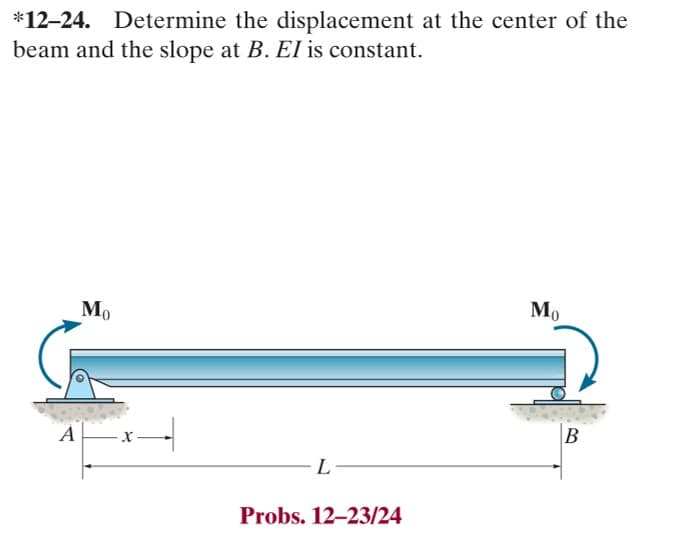 *12-24. Determine the displacement at the center of the
beam and the slope at B. EI is constant.
A
Mo
-¤—
L
Probs. 12-23/24
Mo
B