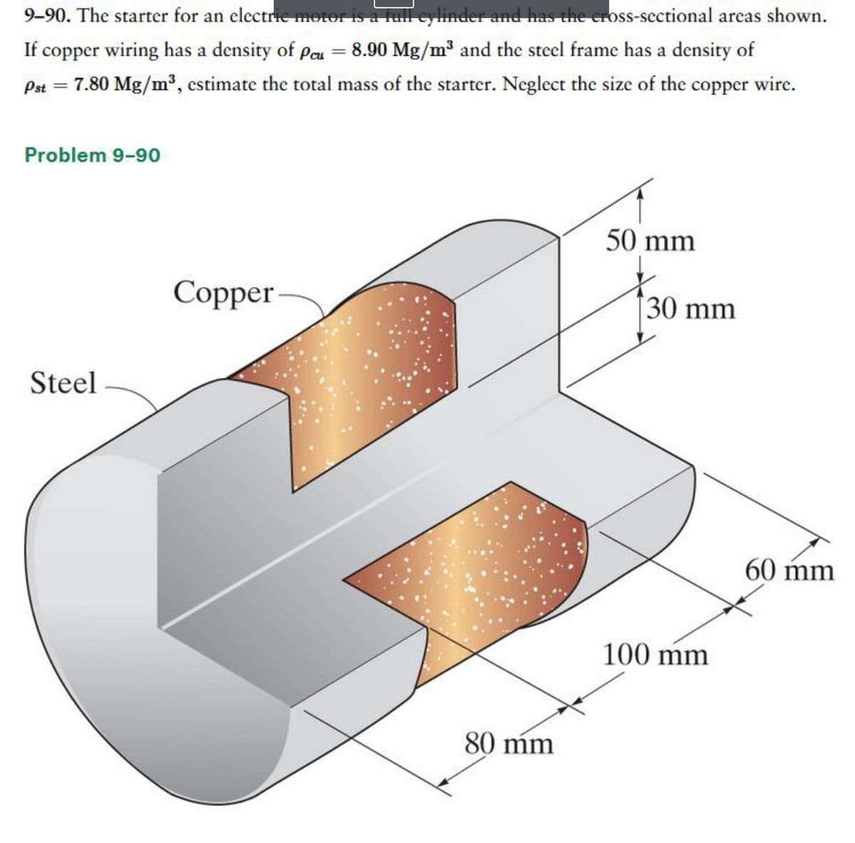 9-90. The starter for an electric motor is a full cylinder and has the cross-sectional areas shown.
If copper wiring has a density of Peu = 8.90 Mg/m³ and the steel frame has a density of
Pst = 7.80 Mg/m³, estimate the total mass of the starter. Neglect the size of the copper wire.
Problem 9-90
Steel
Copper
80 mm
50 mm
30 mm
100 mm
60 mm