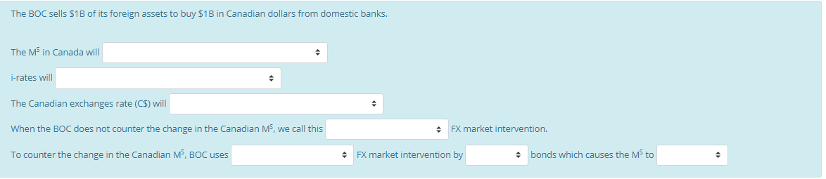 The BOC sells $1B of its foreign assets to buy $1B in Canadian dollars from domestic banks.
The M$ in Canada will
i-rates will
The Canadian exchanges rate (C$) will
When the BOC does not counter the change in the Canadian ME, we call this
+ FX market intervention.
To counter the change in the Canadian M, BOC uses
EX market intervention by
* bonds which causes the Mỹ to
