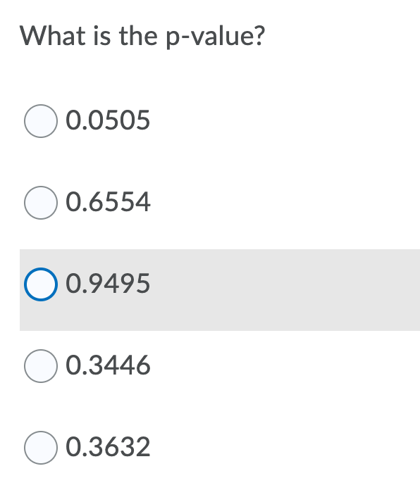 What is the p-value?
O 0.0505
O 0.6554
O 0.9495
O 0.3446
O 0.3632
