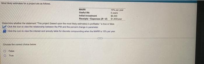 Most likely estimates for a project are as follows.
Choose the correct choice below.
MARR
Useful life
Initial investment
Receipts-Expenses (R-E)
Determine whether the statement "This project (based upon the most likely estimates) is profitable." is true or false
Click the icon to view the relationship between the PW and the percent change in parameter
Click the icon to view the interest and annuity table for discrete compounding when the MARR is 15% per year.
O False
O True
15% per year
6 years
$6,500
$1,800/year
am