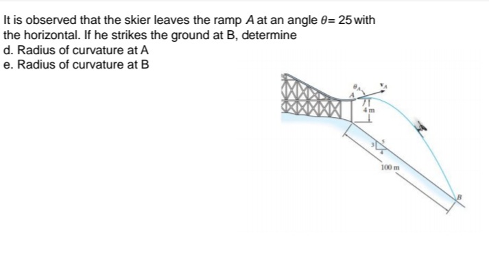 It is observed that the skier leaves the ramp A at an angle 0= 25 with
the horizontal. If he strikes the ground at B, determine
d. Radius of curvature at A
e. Radius of curvature at B
100 m
