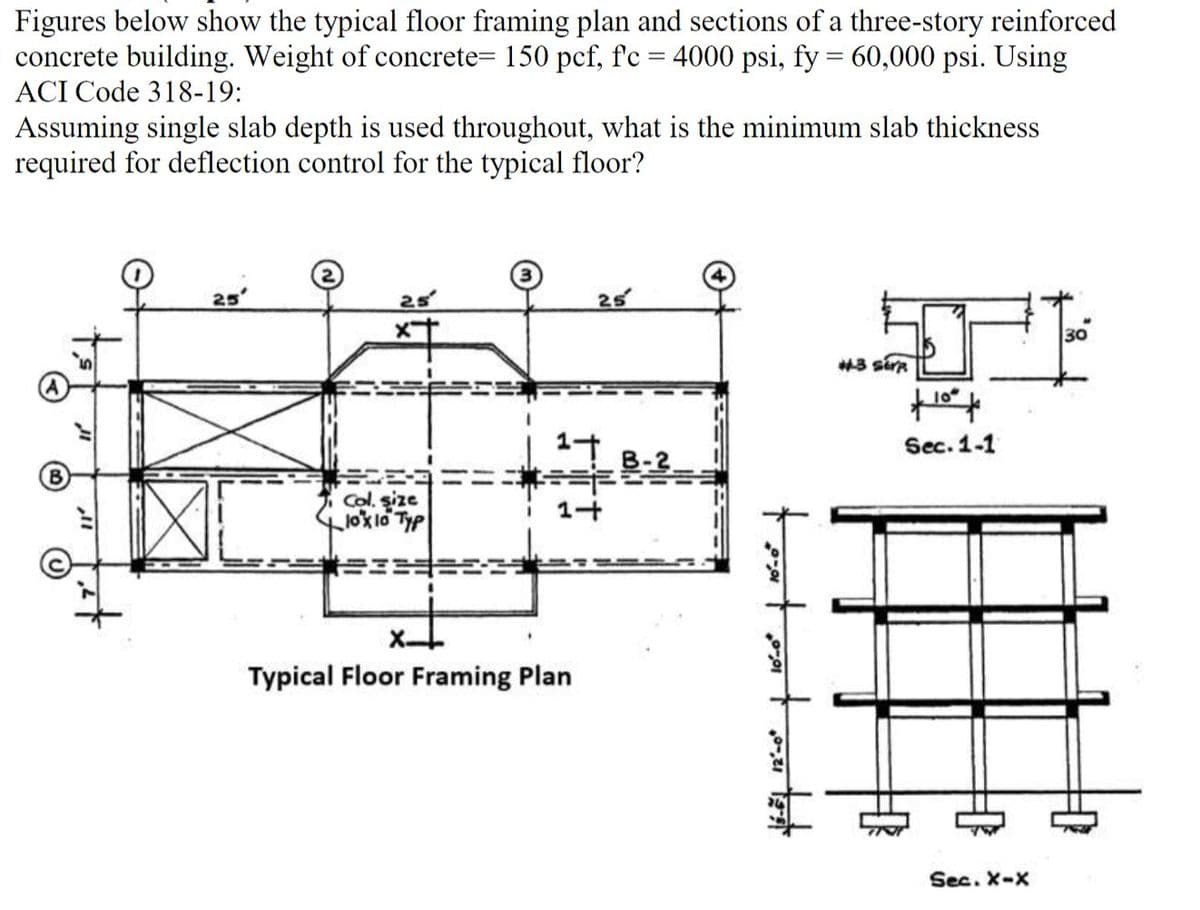 Figures below show the typical floor framing plan and sections of a three-story reinforced
concrete building. Weight of concrete= 150 pcf, f'c = 4000 psi, fy = 60,000 psi. Using
ACI Code 318-19:
Assuming single slab depth is used throughout, what is the minimum slab thickness
required for deflection control for the typical floor?
all
25'
25
Col. size
10x10 Typ
25
==
14
X-
Typical Floor Framing Plan
45-24 12°~0° + 10:0° + 10-0² t
#3 Serp
+10° to
Sec. 1-1
Sec. X-X