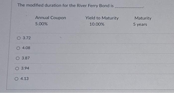 The modified duration for the River Ferry Bond is.
Annual Coupon
5.00%
Yield to Maturity
10.00%
Maturity
5 years
O 3.72
4.08
O 3.87
O 3.94
O 4.13